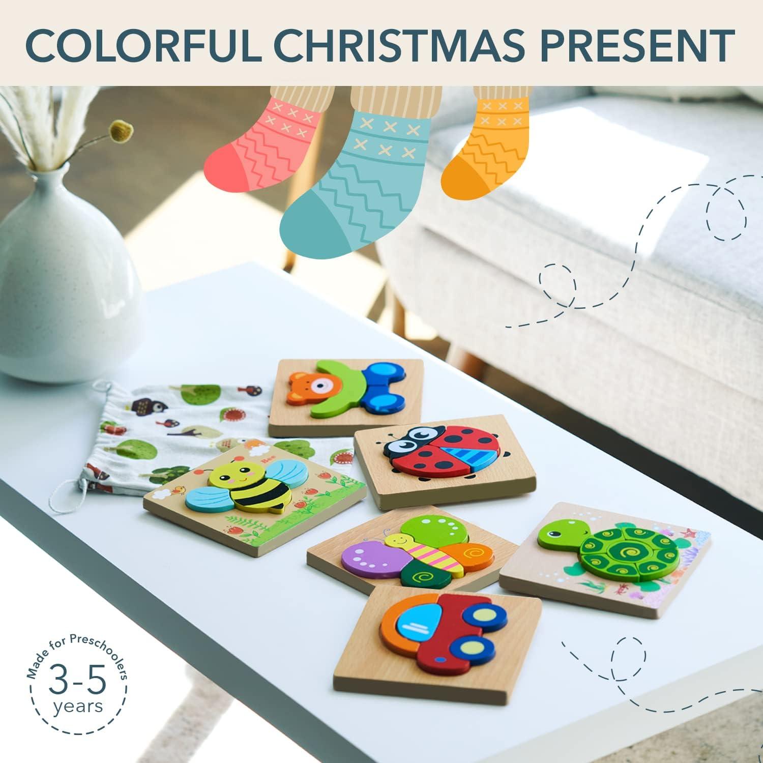 imageMagifire Wooden Puzzles Set of 6 Puzzle Toys for Kids Toddlers 13 Baby Educational Animal Toys with Chunky Pieces amp Bag for Easter Ladybug Car Bee Bear Butterfly Turtle