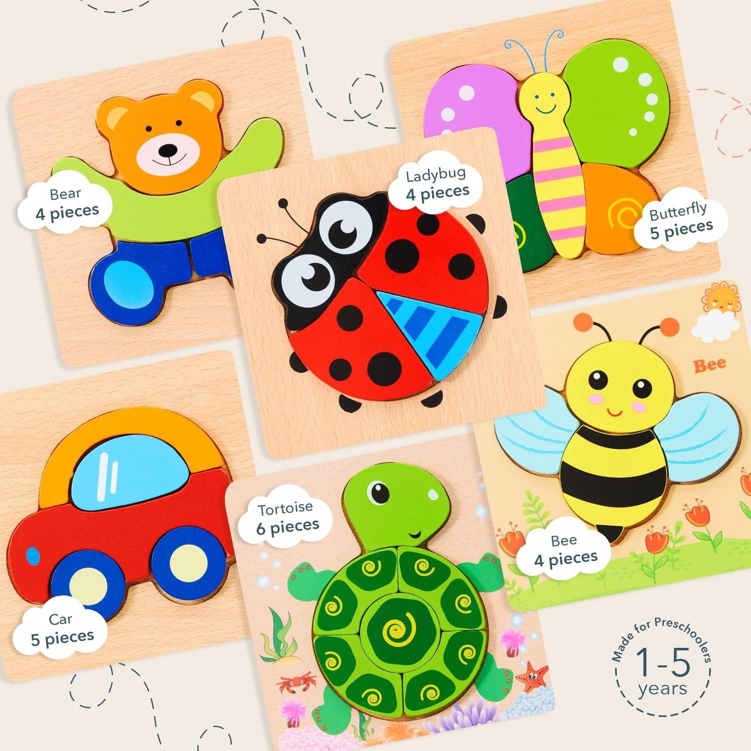imageMagifire Wooden Puzzles Set of 6 Puzzle Toys for Kids Toddlers 13 Baby Educational Animal Toys with Chunky Pieces amp Bag for Easter Ladybug Car Bee Bear Butterfly Turtle