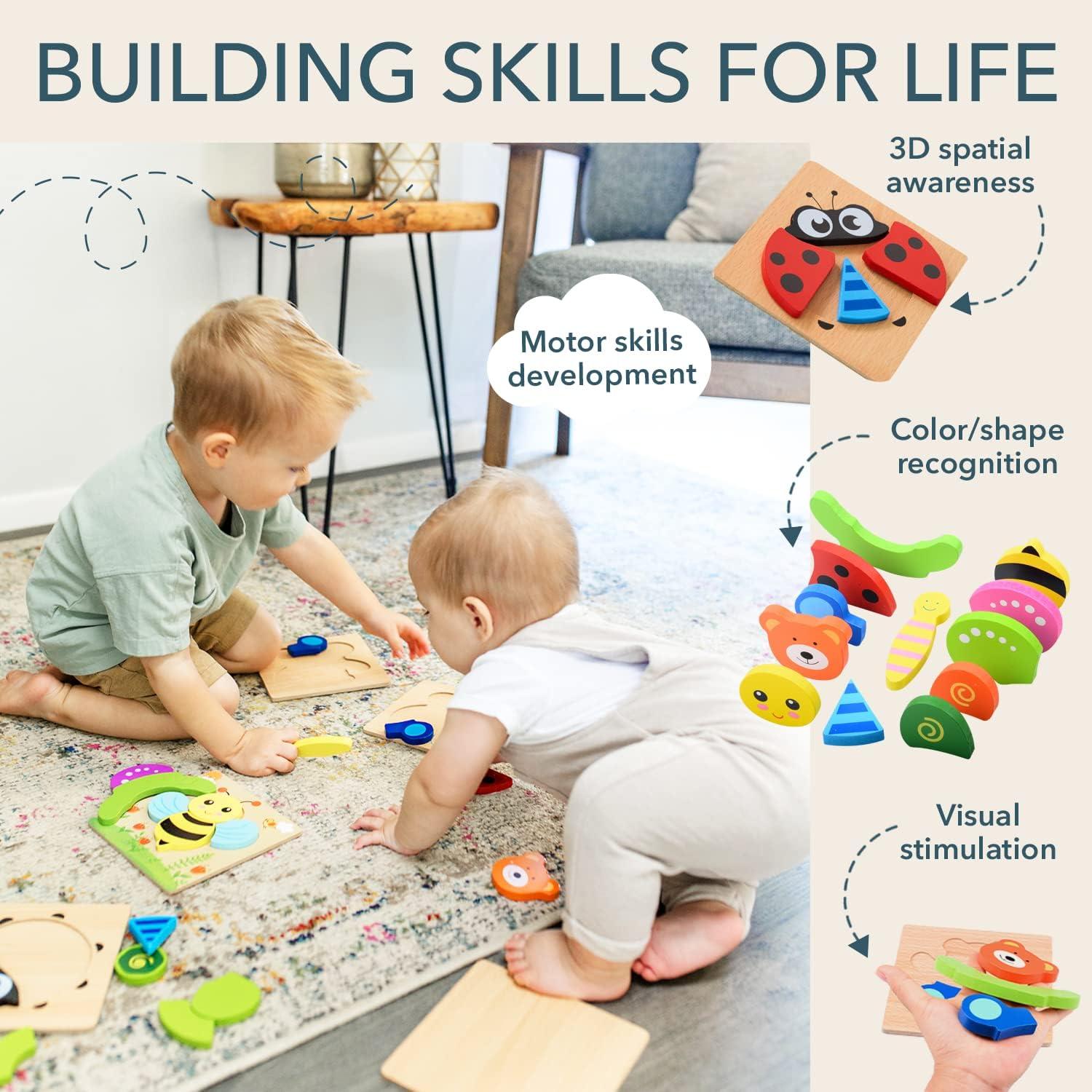 imageMagifire Wooden Puzzles Set of 6 Puzzle Toys for Kids Toddlers 13 Baby Educational Animal Toys with Chunky Pieces amp Bag for Easter Ladybug Car Bee Bear Butterfly Turtle