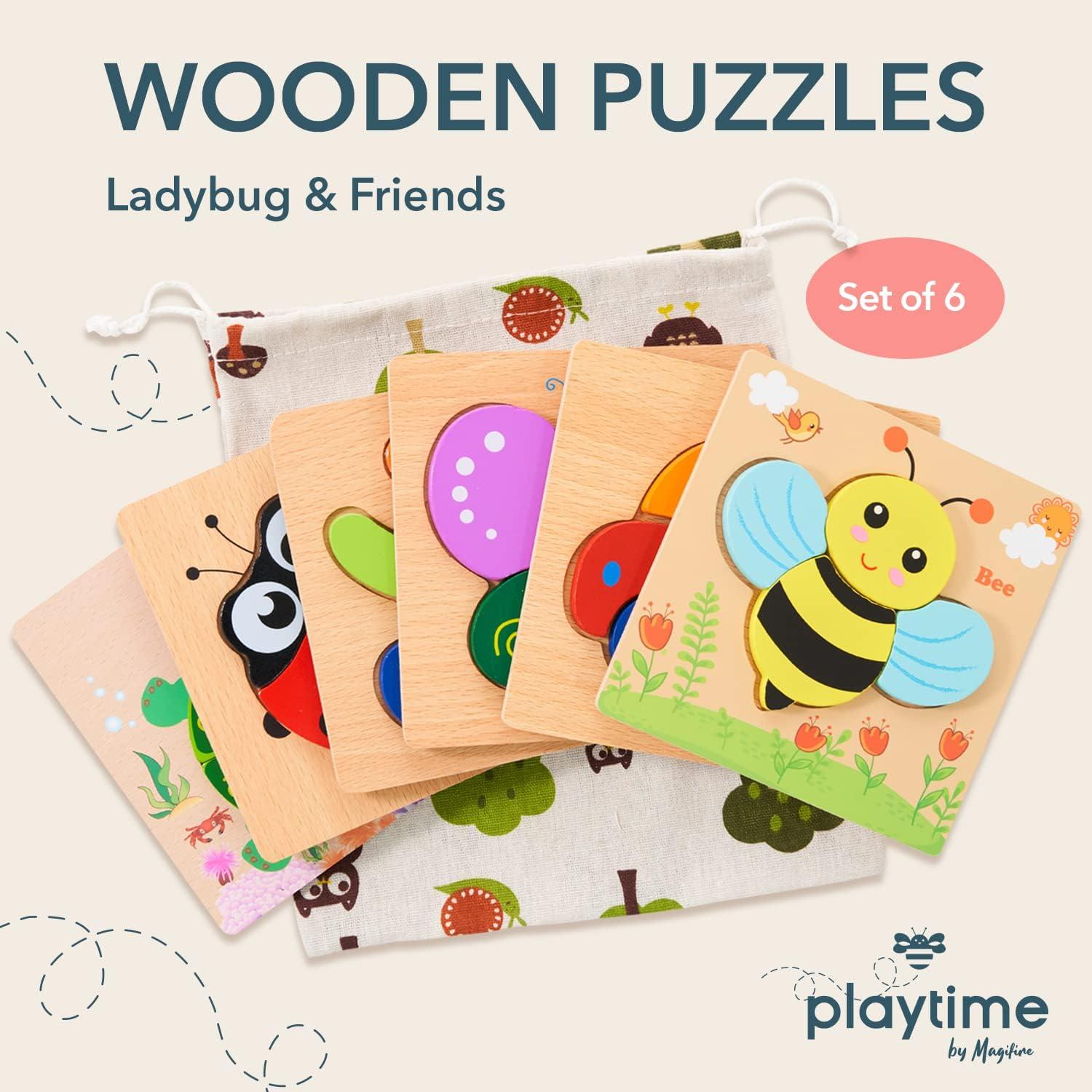 imageMagifire Wooden Puzzles Set of 6 Puzzle Toys for Kids Toddlers 13 Baby Educational Animal Toys with Chunky Pieces amp Bag for Easter Ladybug Car Bee Bear Butterfly Turtle