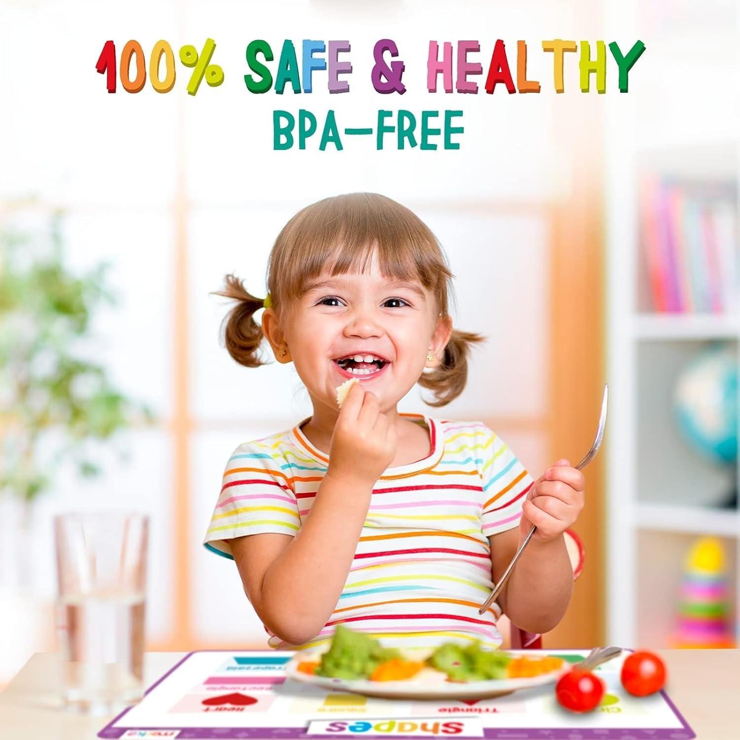 imageMerka 4 Pack Educational Placemat for Kids amp Toddlers Reusable Washable Mat with Secure Grip Back for Dining Table Learning Letters Numbers Shapes Colors17 x 11 inchesLetters Numbers Shapes Colors