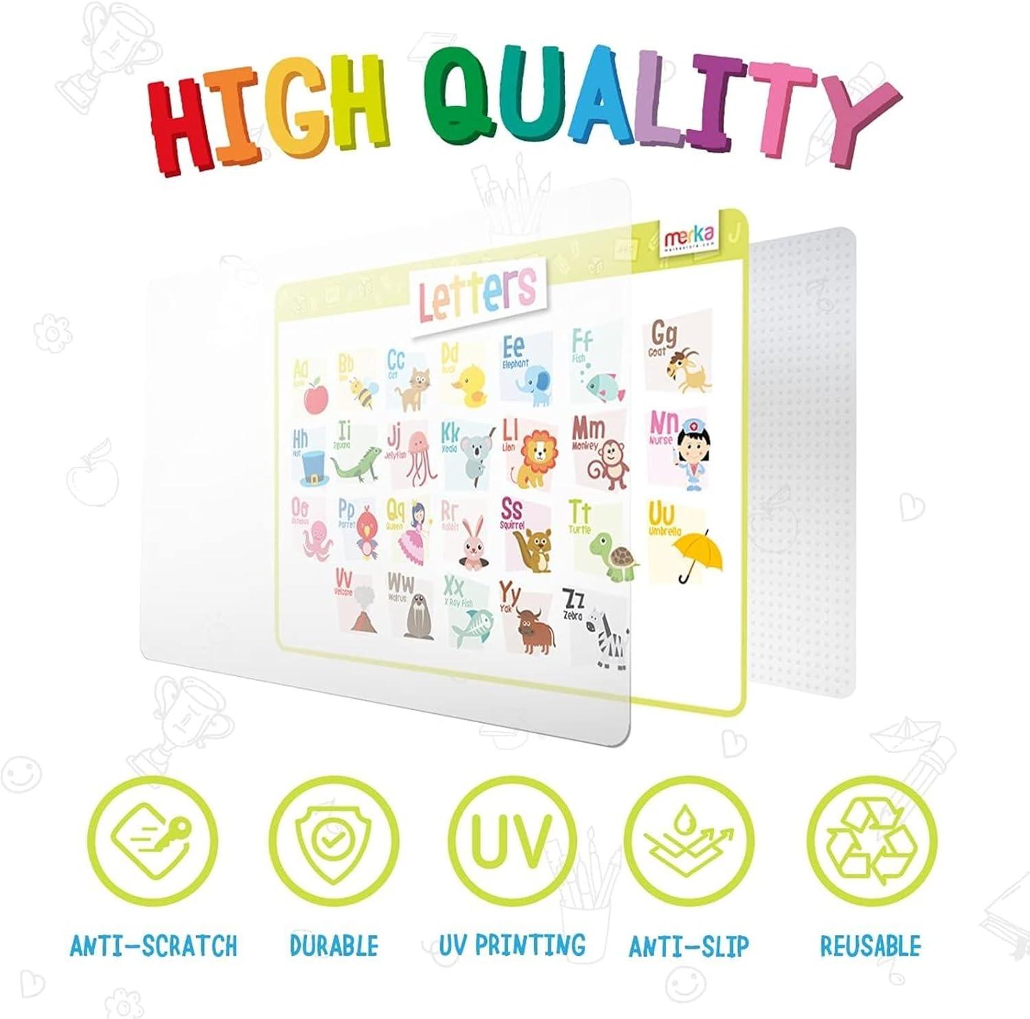 imageMerka 4 Pack Educational Placemat for Kids amp Toddlers Reusable Washable Mat with Secure Grip Back for Dining Table Learning Letters Numbers Shapes Colors17 x 11 inchesLetters Numbers Shapes Colors