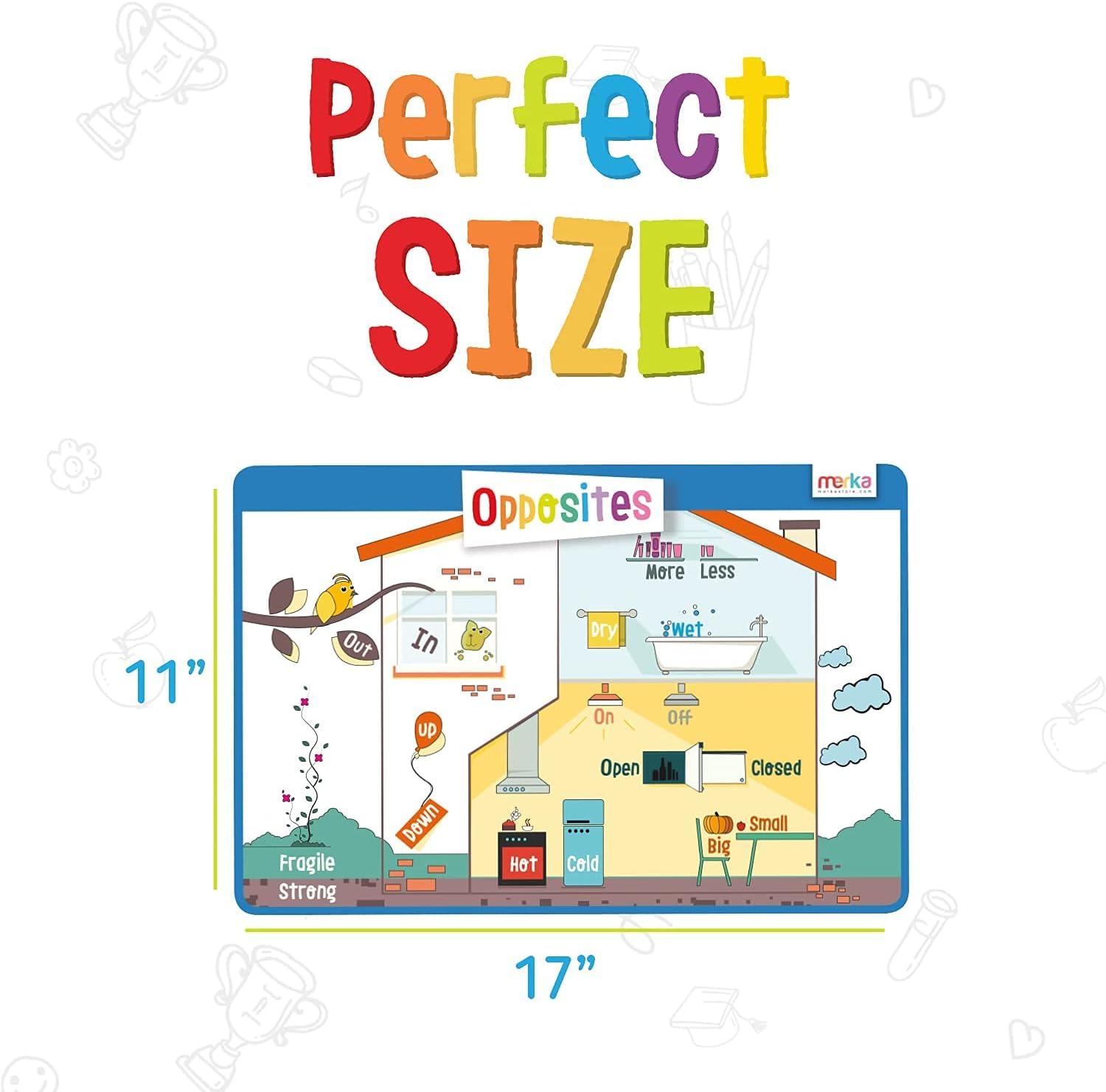 imageMerka 4 Pack Educational Placemat for Kids amp Toddlers Reusable Washable Mat with Secure Grip Back for Dining Table Learning Letters Numbers Shapes Colors17 x 11 inchesOpposites Days Months Numbers