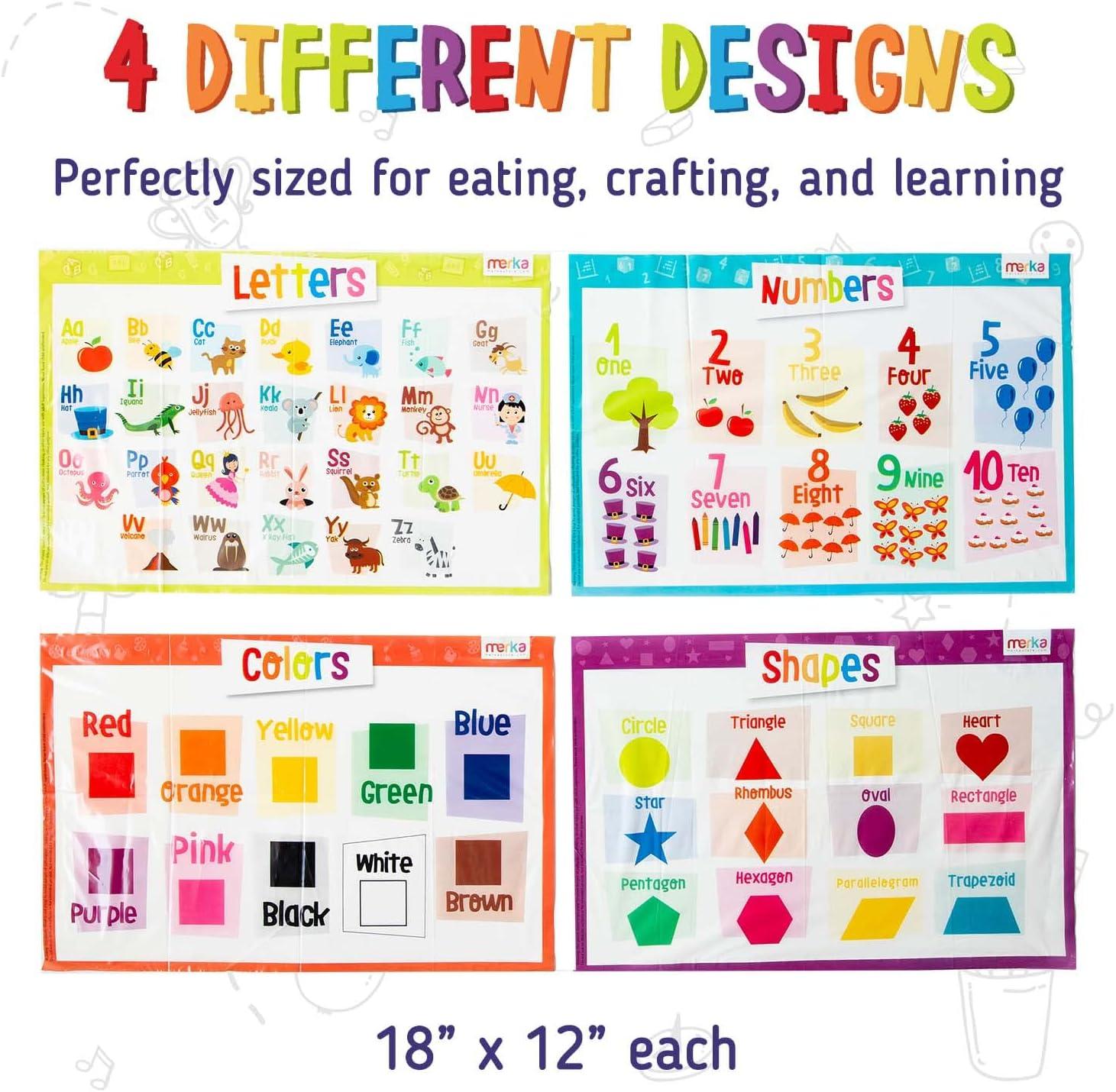 imageMerka Disposable Placemats for Baby amp Toddler 12 x 18 in 40Pack Multicolor Peel amp Stick Adhesive Sticky Placemats for Toddlers Educational Numbers Letters amp Shapes20 Pack
