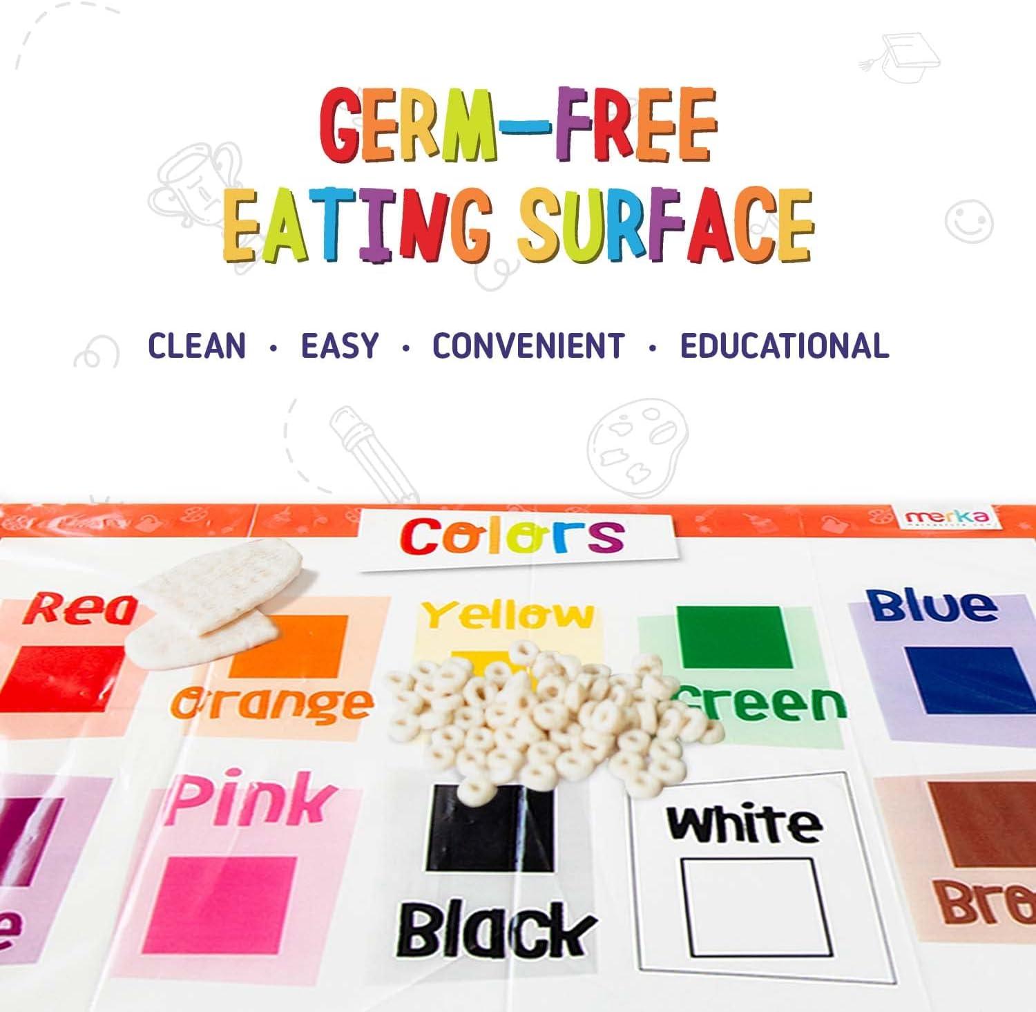 imageMerka Disposable Placemats for Baby amp Toddler 12 x 18 in 40Pack Multicolor Peel amp Stick Adhesive Sticky Placemats for Toddlers Educational Numbers Letters amp Shapes20 Pack