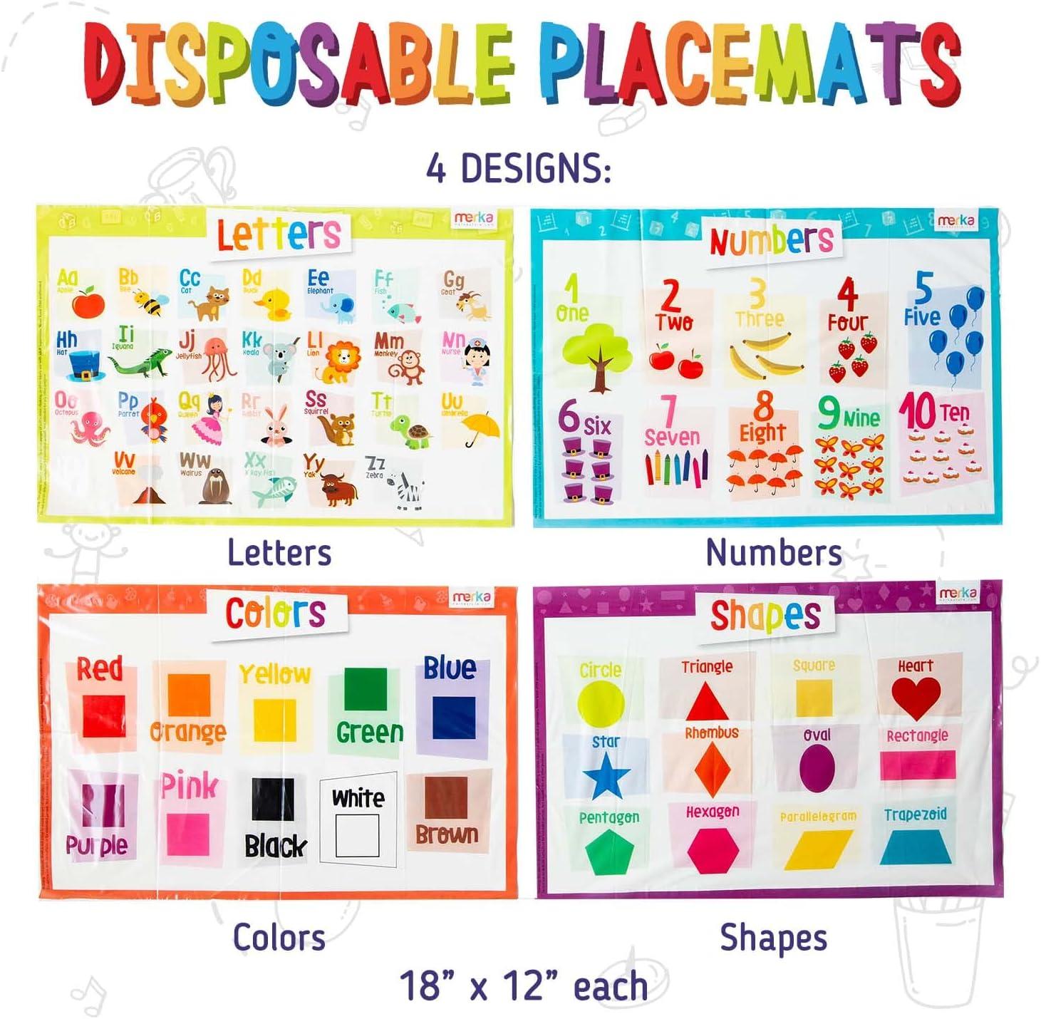 imageMerka Disposable Placemats for Baby amp Toddler 12 x 18 in 40Pack Multicolor Peel amp Stick Adhesive Sticky Placemats for Toddlers Educational Numbers Letters amp Shapes40 Pack