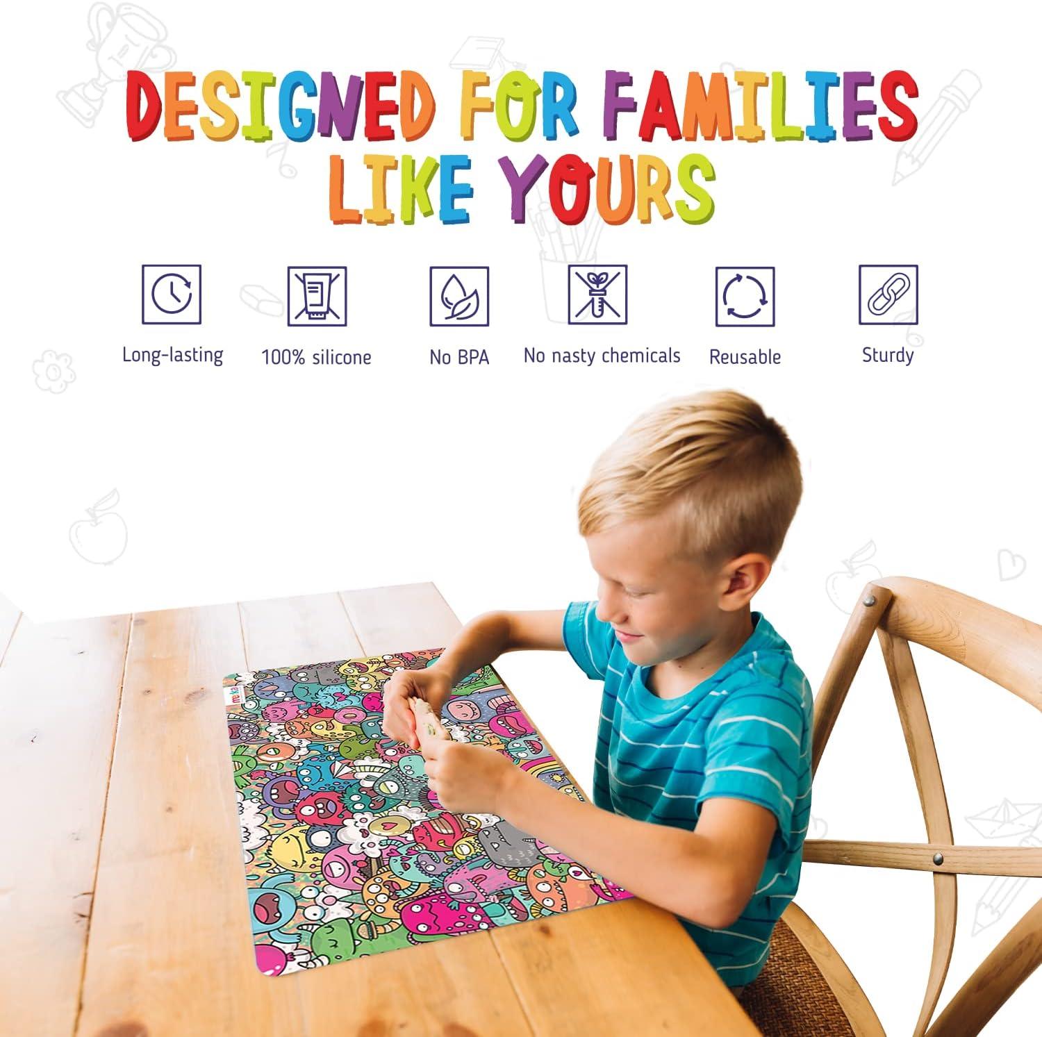 imageMerka Kids Table Placemats Set of 417 x 11 in Multicolor Reusable Plastic Wipeable Cartoon Dining Mats Monster Table Mat amp Cat amp Dog Themes Educational for Ages 2