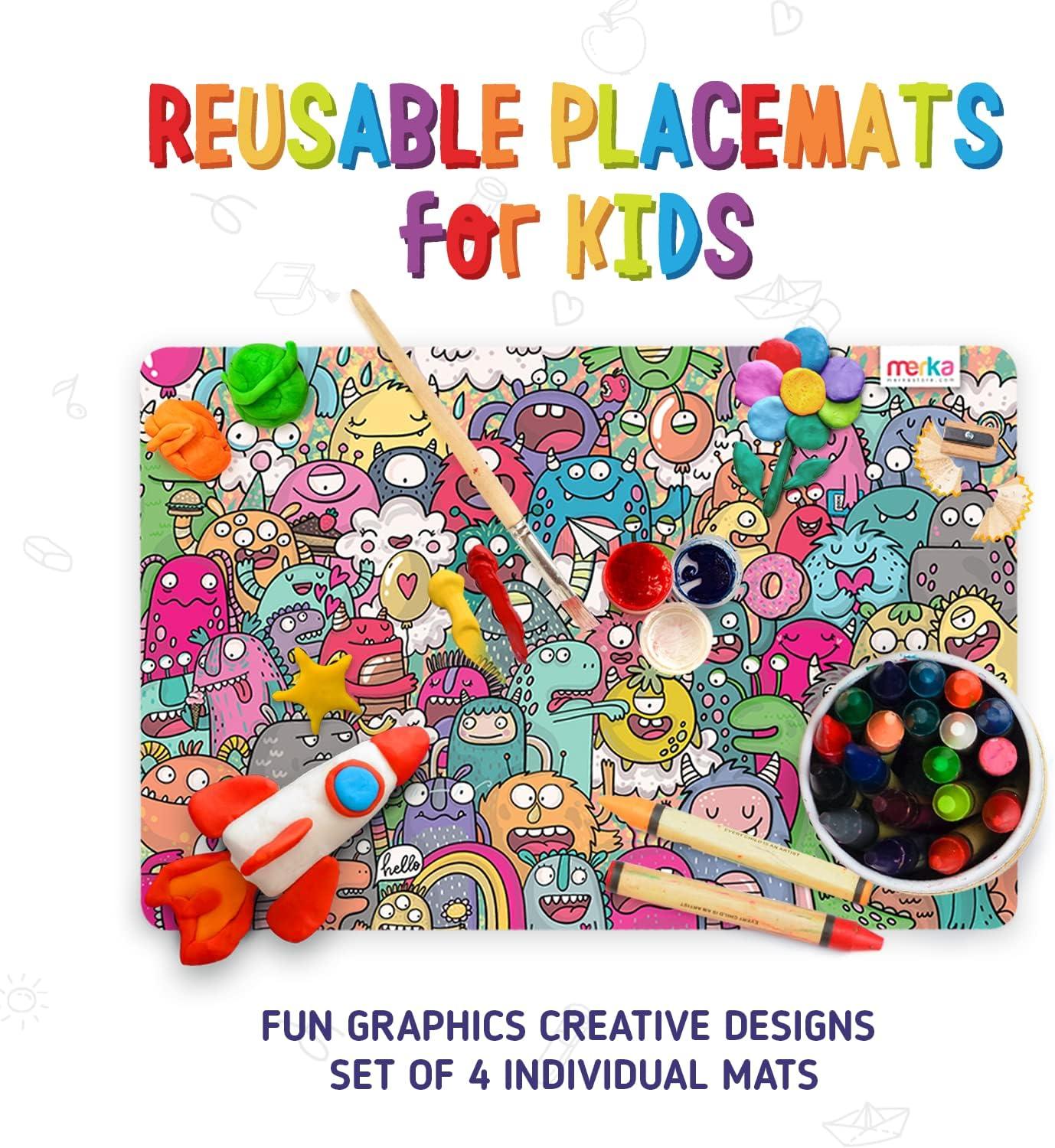 imageMerka Kids Table Placemats Set of 417 x 11 in Multicolor Reusable Plastic Wipeable Cartoon Dining Mats Monster Table Mat amp Cat amp Dog Themes Educational for Ages 2