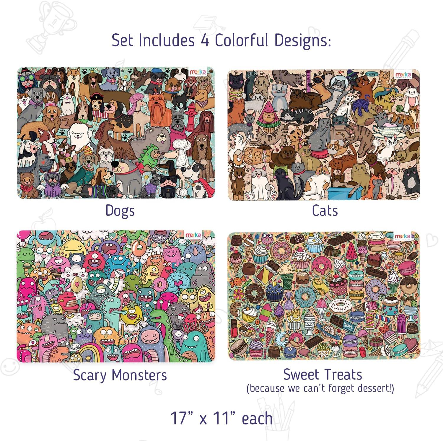 imageMerka Kids Table Placemats Set of 417 x 11 in Multicolor Reusable Plastic Wipeable Cartoon Dining Mats Monster Table Mat amp Cat amp Dog Themes Educational for Ages 2