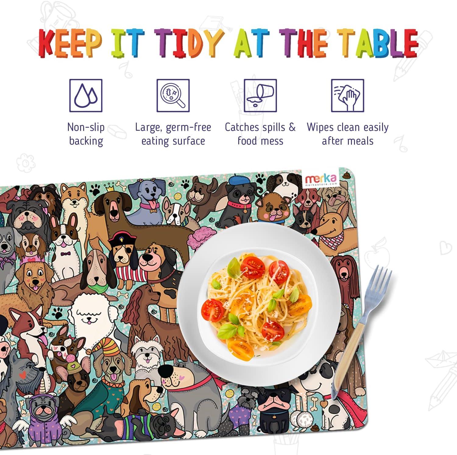 imageMerka Kids Table Placemats Set of 417 x 11 in Multicolor Reusable Plastic Wipeable Cartoon Dining Mats Monster Table Mat amp Cat amp Dog Themes Educational for Ages 2