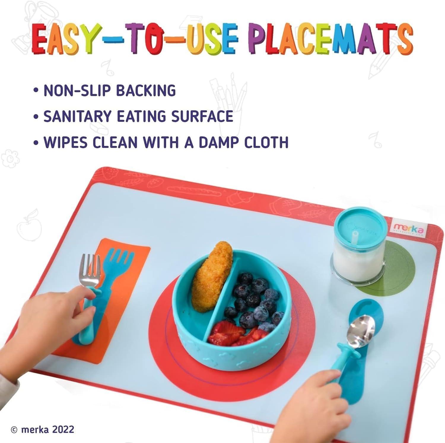 imageMerka Place Setting Placemat for Kids  17 x 11 in Multicolor Silicone 2Pack for Ages 2  Reusable amp Washable Educational Placemat with Guided Utensil Placement amp Table Manners
