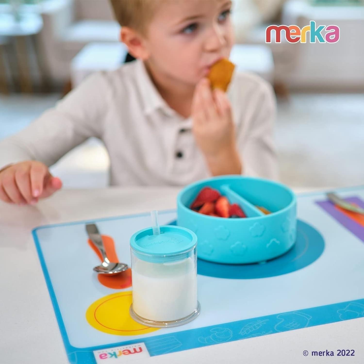 imageMerka Place Setting Placemat for Kids  17 x 11 in Multicolor Silicone 2Pack for Ages 2  Reusable amp Washable Educational Placemat with Guided Utensil Placement amp Table Manners