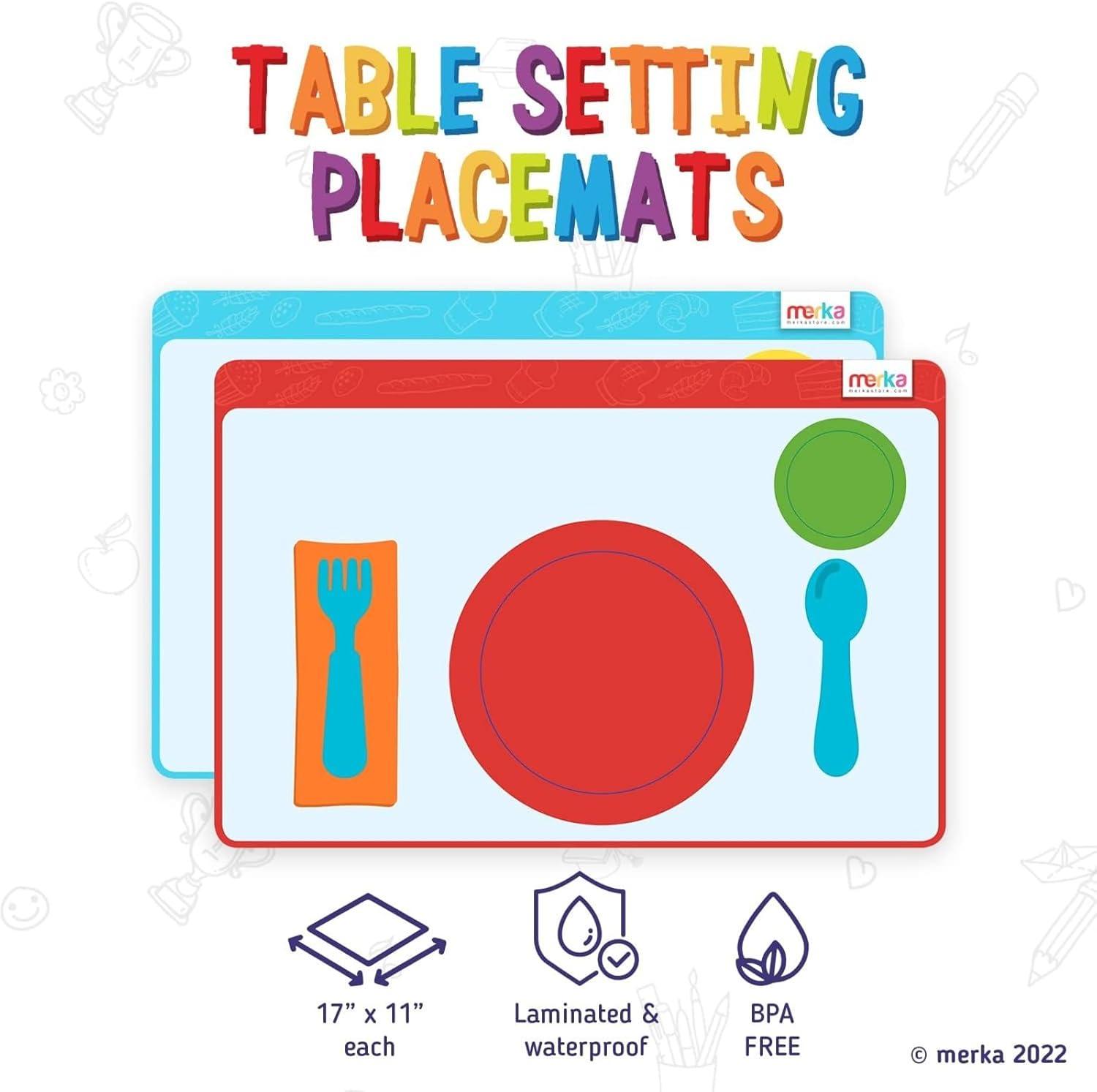imageMerka Place Setting Placemat for Kids  17 x 11 in Multicolor Silicone 2Pack for Ages 2  Reusable amp Washable Educational Placemat with Guided Utensil Placement amp Table Manners