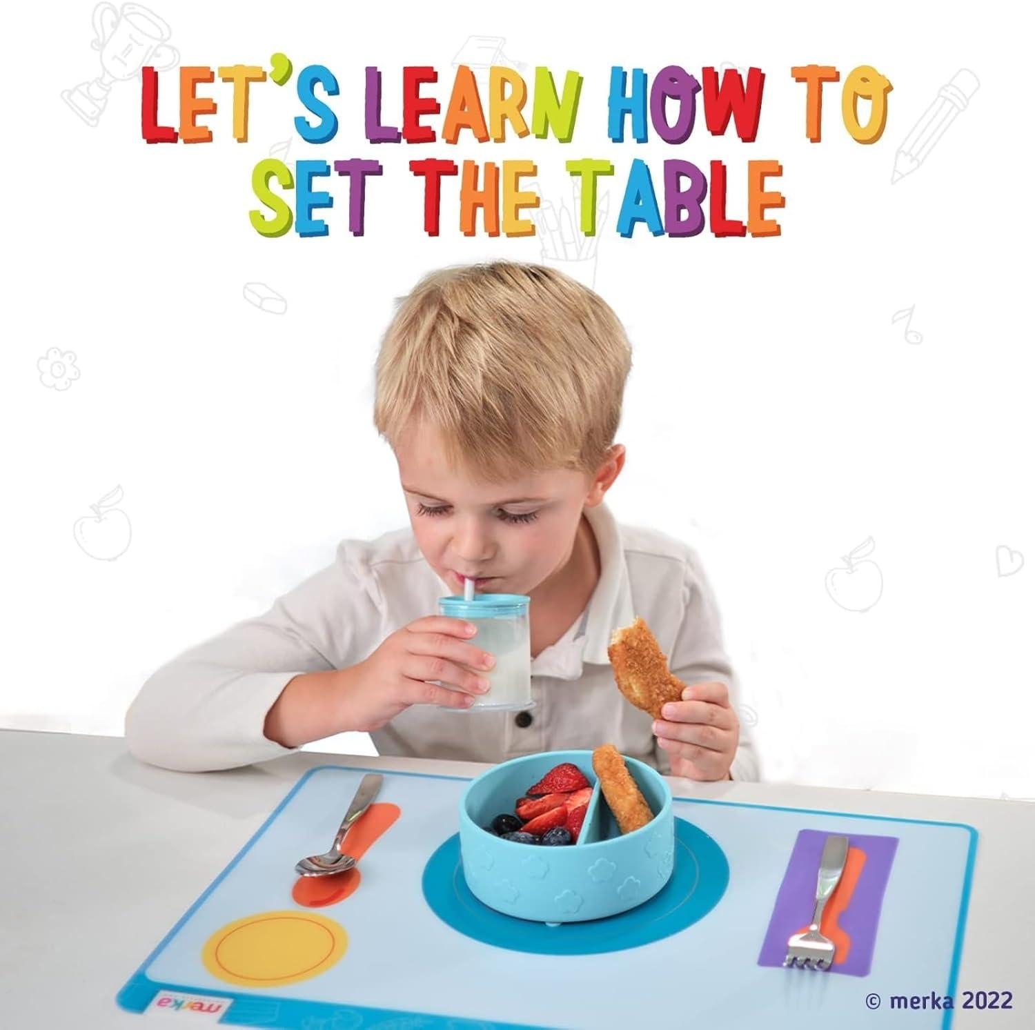 imageMerka Place Setting Placemat for Kids  17 x 11 in Multicolor Silicone 2Pack for Ages 2  Reusable amp Washable Educational Placemat with Guided Utensil Placement amp Table Manners