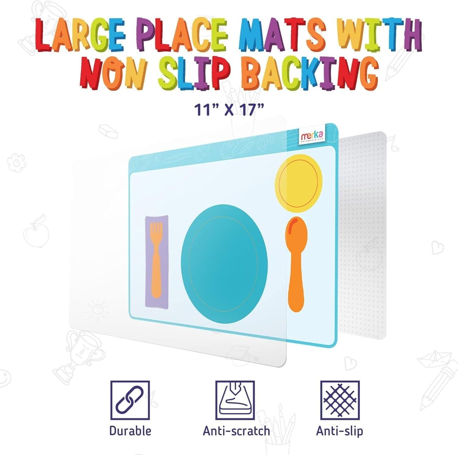 imageMerka Place Setting Placemat for Kids  17 x 11 in Multicolor Silicone 2Pack for Ages 2  Reusable amp Washable Educational Placemat with Guided Utensil Placement amp Table Manners