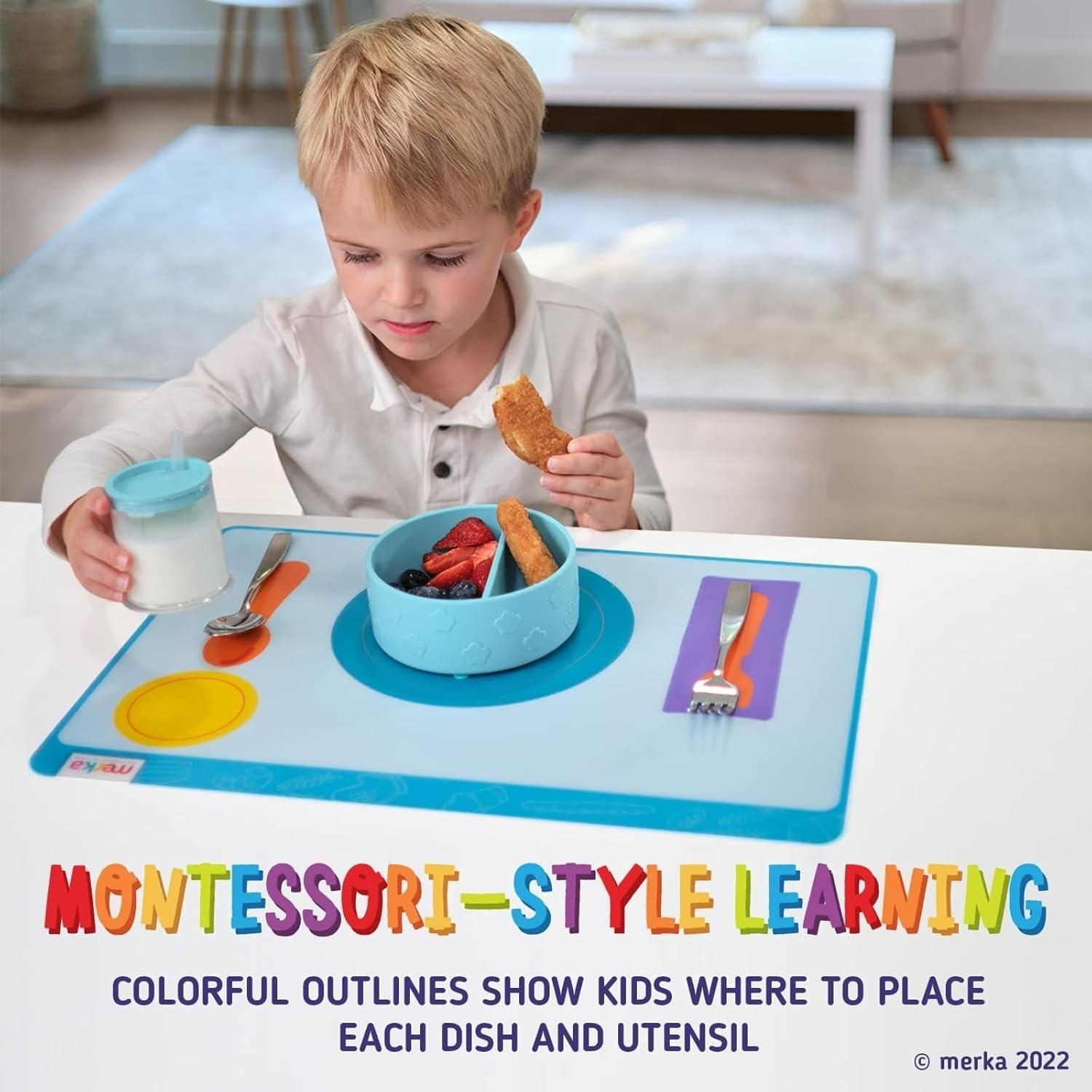 imageMerka Place Setting Placemat for Kids  17 x 11 in Multicolor Silicone 2Pack for Ages 2  Reusable amp Washable Educational Placemat with Guided Utensil Placement amp Table Manners