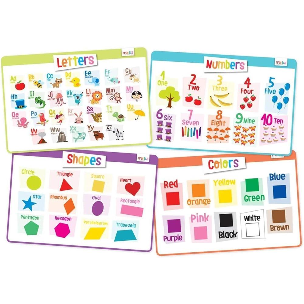 imageMerka 4 Pack Educational Placemat for Kids amp Toddlers Reusable Washable Mat with Secure Grip Back for Dining Table Learning Letters Numbers Shapes Colors17 x 11 inchesLetters Numbers Shapes Colors