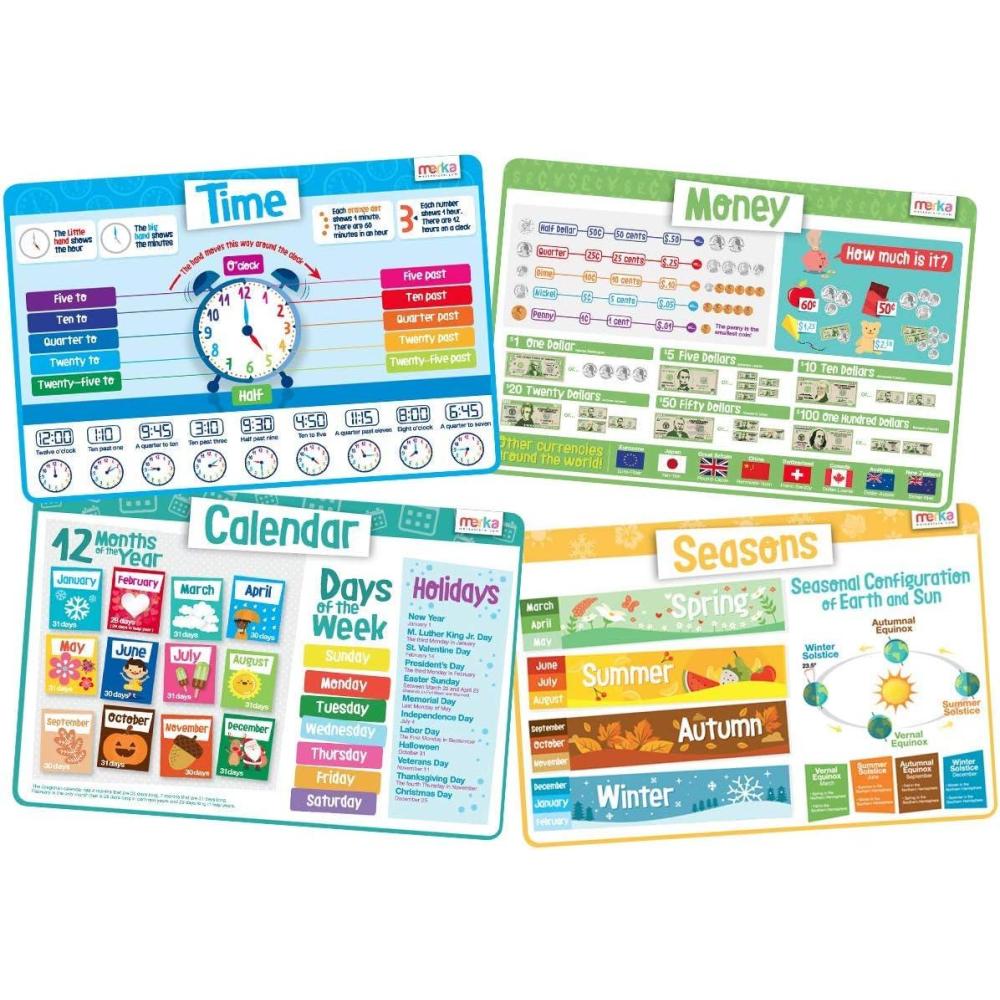 imageMerka 4 Pack Educational Placemat for Kids amp Toddlers Reusable Washable Mat with Secure Grip Back for Dining Table Learning Letters Numbers Shapes Colors17 x 11 inchesTime Money Calendar Seasons