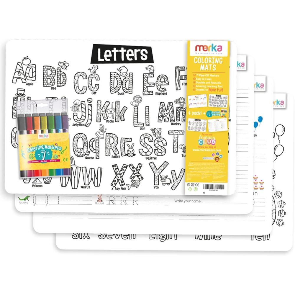 imageMerka 4Pack Reusable Coloring Placemats for Kids with 7 Dry Erase Markers  17 x 11 Black amp White Space amp Jungle  Silicone Placemats for Toddlers to Color amp Draw with Wipeable SurfaceLetters