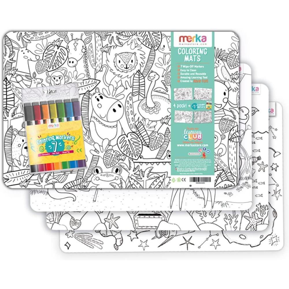 imageMerka 4Pack Reusable Coloring Placemats for Kids with 7 Dry Erase Markers  17 x 11 Black amp White Space amp Jungle  Silicone Placemats for Toddlers to Color amp Draw with Wipeable SurfaceSpace  Jungle