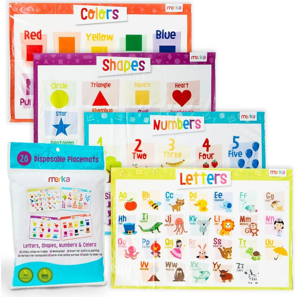 imageMerka Disposable Placemats for Baby amp Toddler 12 x 18 in 40Pack Multicolor Peel amp Stick Adhesive Sticky Placemats for Toddlers Educational Numbers Letters amp Shapes20 Pack