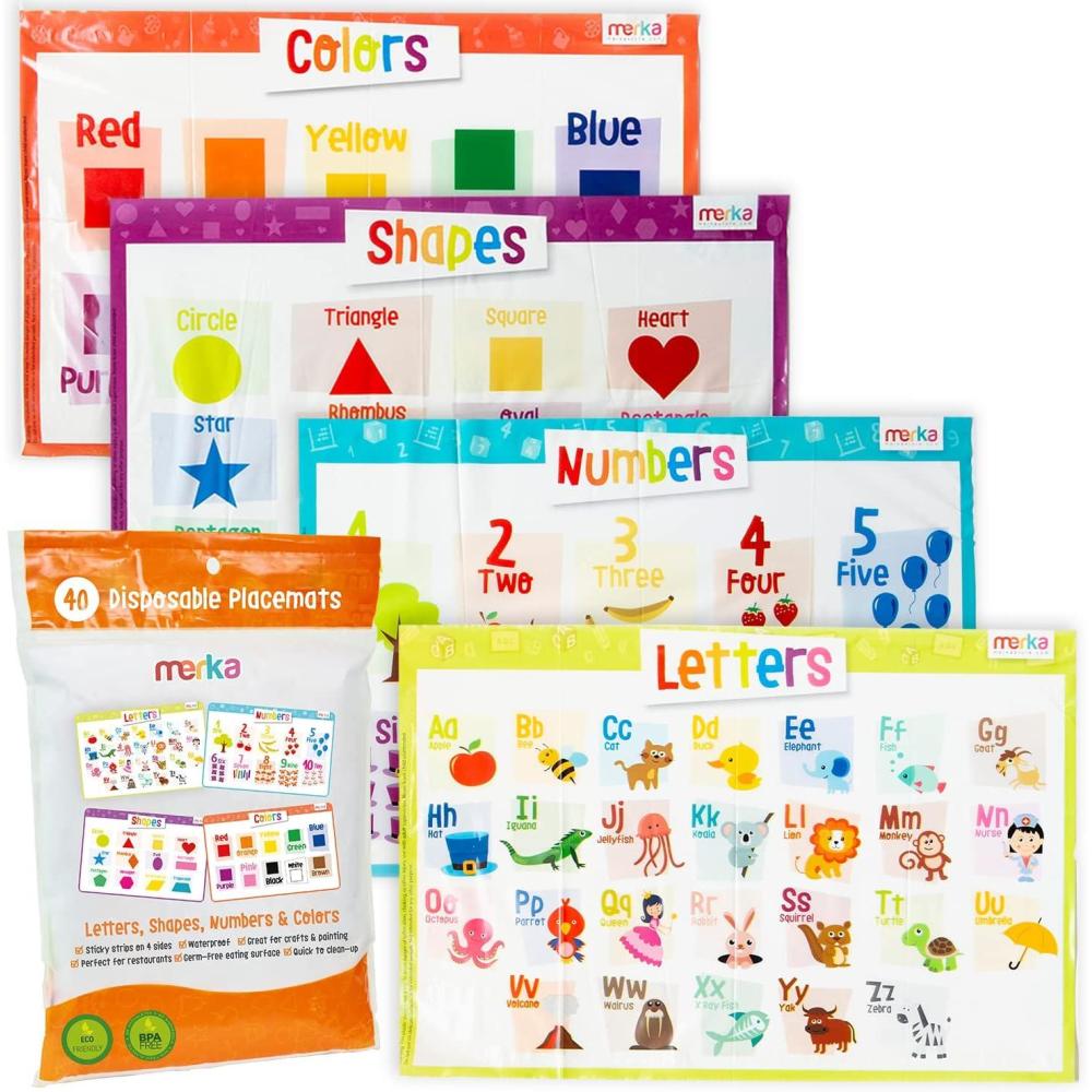 imageMerka Disposable Placemats for Baby amp Toddler 12 x 18 in 40Pack Multicolor Peel amp Stick Adhesive Sticky Placemats for Toddlers Educational Numbers Letters amp Shapes40 Pack