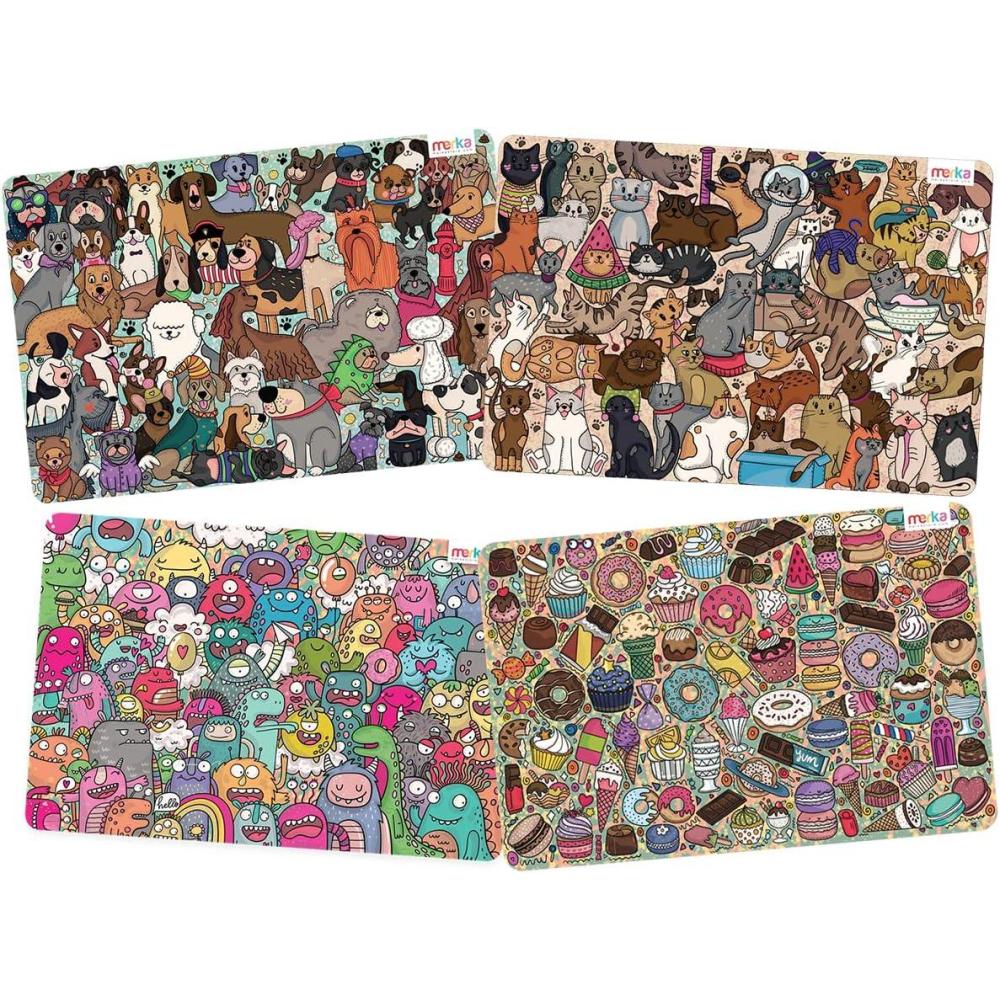 imageMerka Kids Table Placemats Set of 417 x 11 in Multicolor Reusable Plastic Wipeable Cartoon Dining Mats Monster Table Mat amp Cat amp Dog Themes Educational for Ages 2