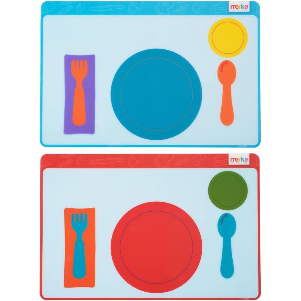 imageMerka Place Setting Placemat for Kids  17 x 11 in Multicolor Silicone 2Pack for Ages 2  Reusable amp Washable Educational Placemat with Guided Utensil Placement amp Table Manners