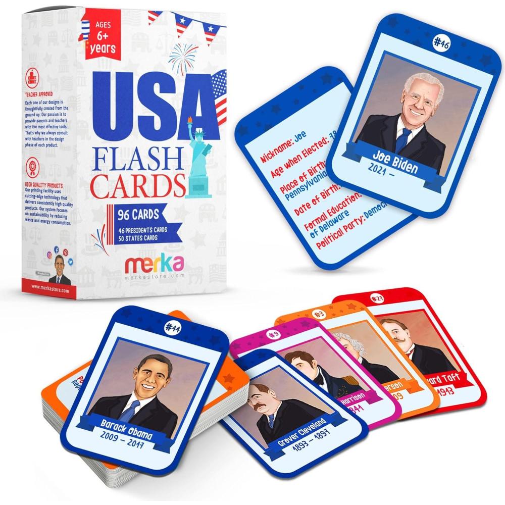 imageMerka US Presidents amp State Capitals Flash Cards 96Pack Multicolor 35 x 25 in Educational Flashcards for Kids Homeschool amp Learning Games