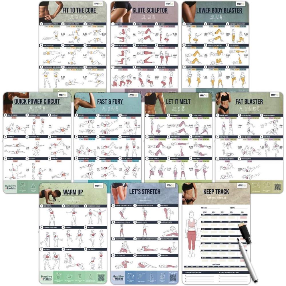 imagemerka Workout Charts for Women 118 x 177 in Multicolor Waterproof Laminated Exercise Posters for Home Workouts Pilates Wall Guide amp Exercise TrackerDaily Workouts