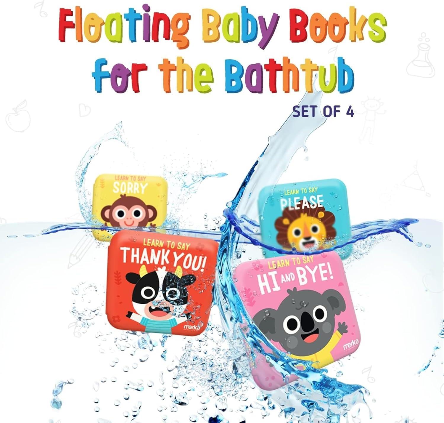 imagemerka Baby Bath Books for Toddlers 4 Pack Waterproof Bathtime Books Bath Toys Floatable in Bathtub Learn to Say Thank You Sorry Hi Bye PleaseMulticolor