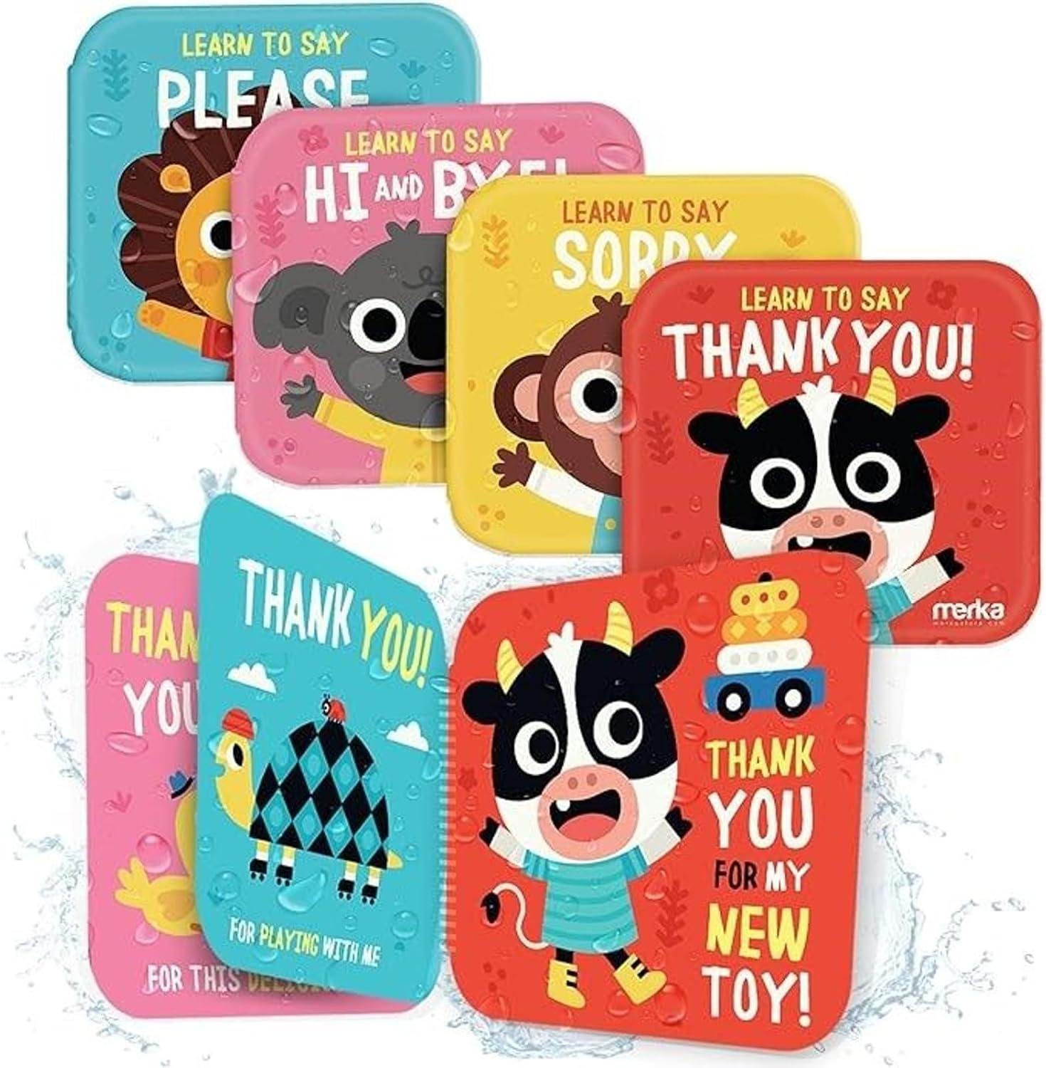 imagemerka Baby Bath Books for Toddlers 4 Pack Waterproof Bathtime Books Bath Toys Floatable in Bathtub Learn to Say Thank You Sorry Hi Bye PleaseMulticolor