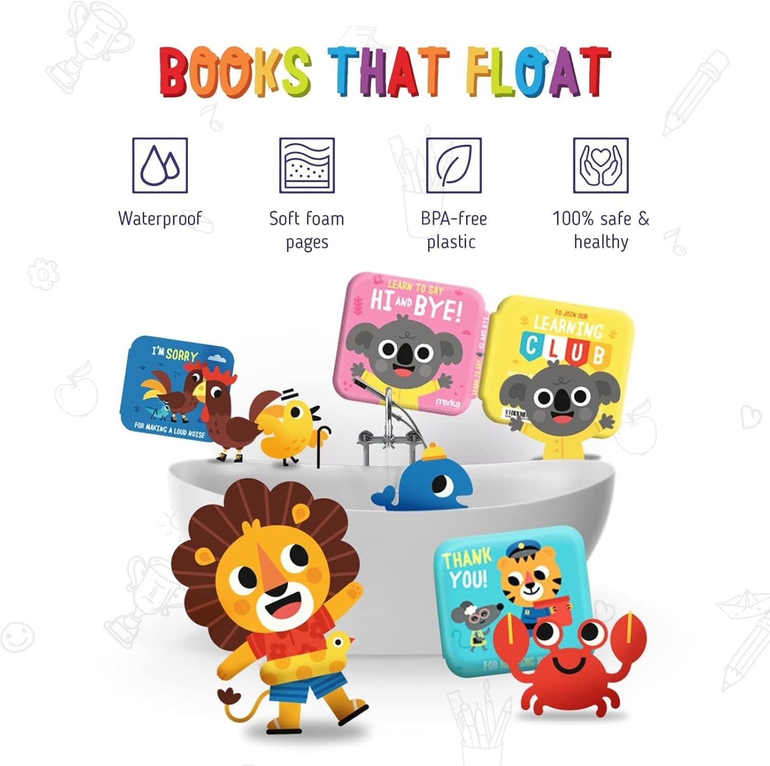 imagemerka Baby Bath Books for Toddlers 4 Pack Waterproof Bathtime Books Bath Toys Floatable in Bathtub Learn to Say Thank You Sorry Hi Bye PleaseMulticolor
