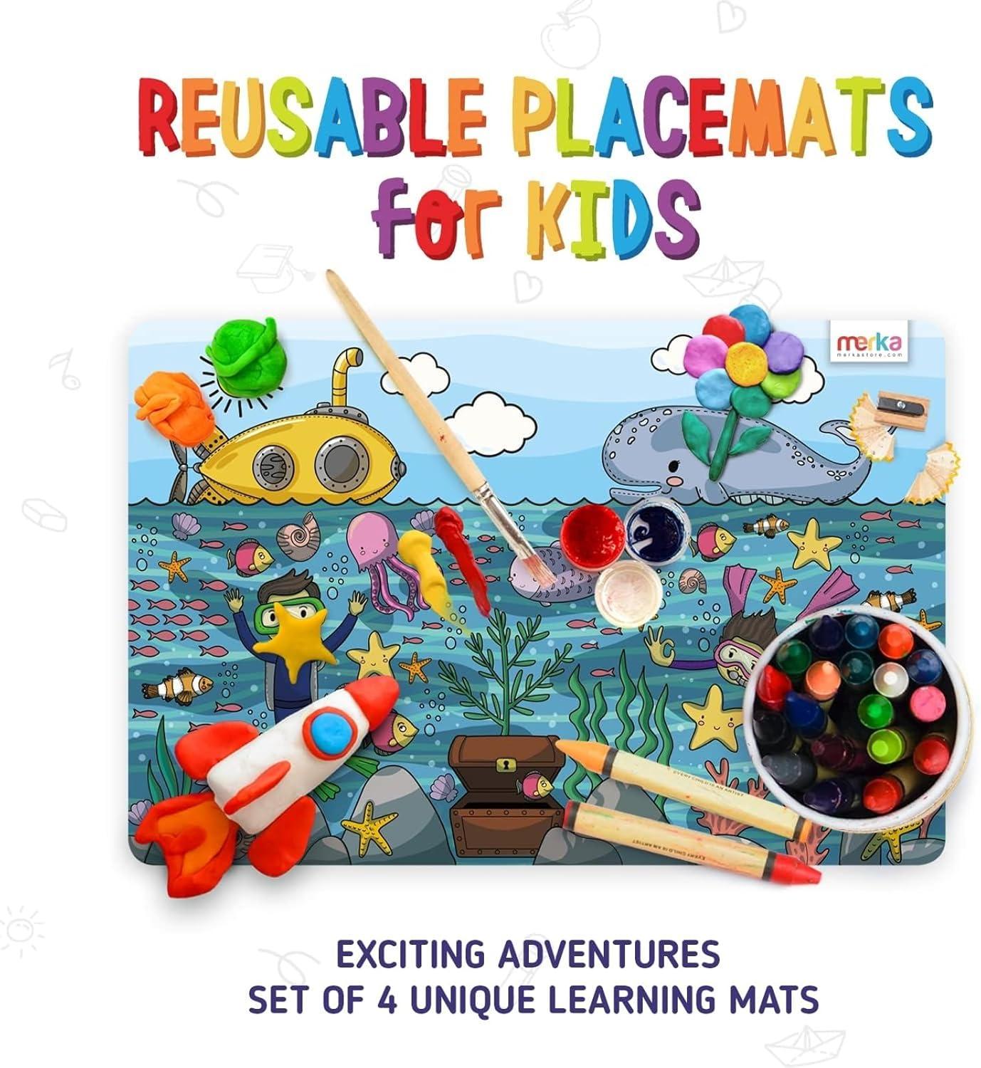 imagemerka Kids Placemats 17 x 11 in Multicolor Set of 4 Washable Plastic Dining Table Placemats Reusable amp Wipeable Ocean Space Jungle amp Unicorn Themes Ages 2