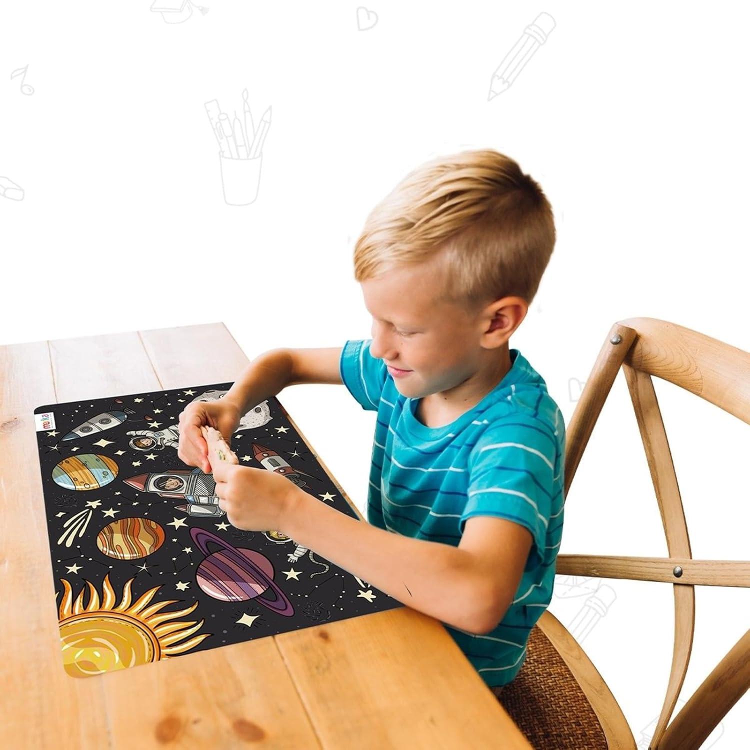 imagemerka Kids Placemats 17 x 11 in Multicolor Set of 4 Washable Plastic Dining Table Placemats Reusable amp Wipeable Ocean Space Jungle amp Unicorn Themes Ages 2