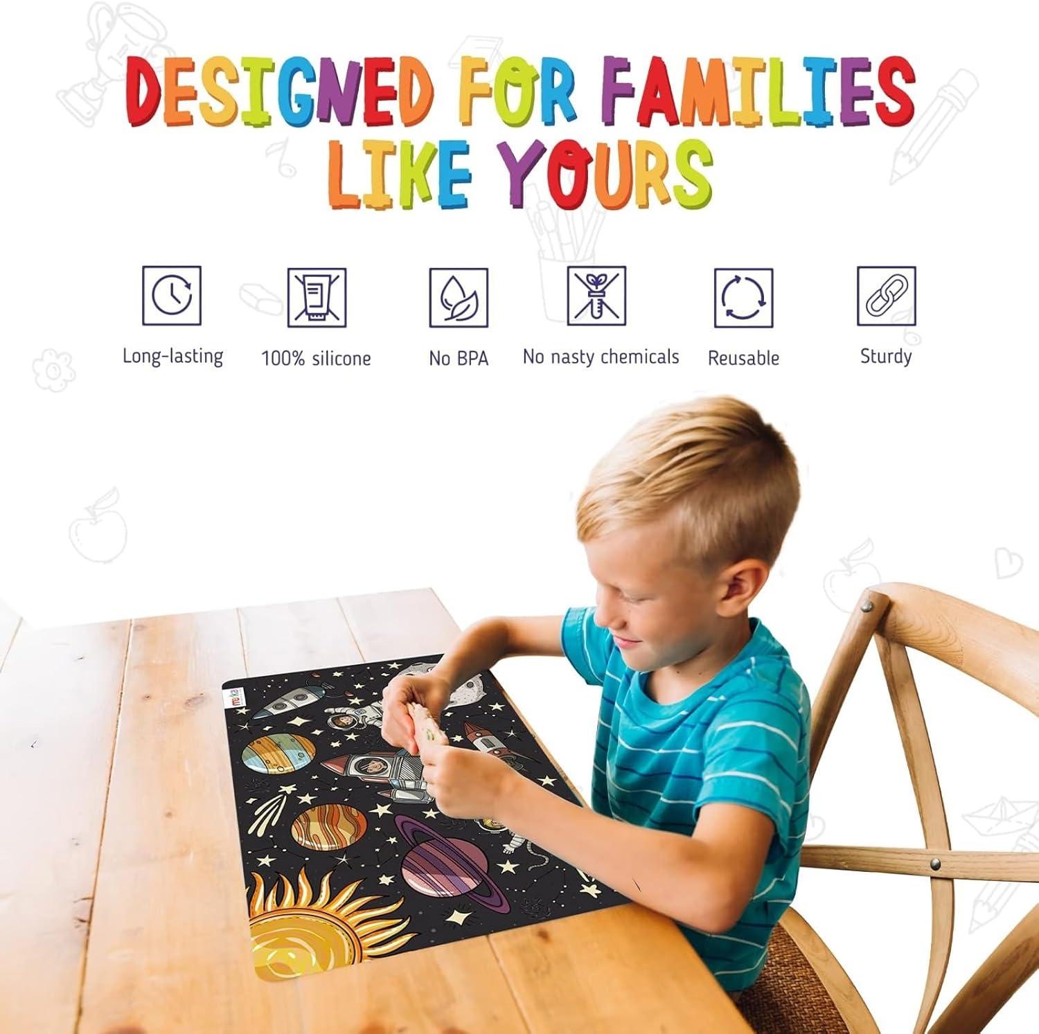 imagemerka Kids Placemats 17 x 11 in Multicolor Set of 4 Washable Plastic Dining Table Placemats Reusable amp Wipeable Ocean Space Jungle amp Unicorn Themes Ages 2