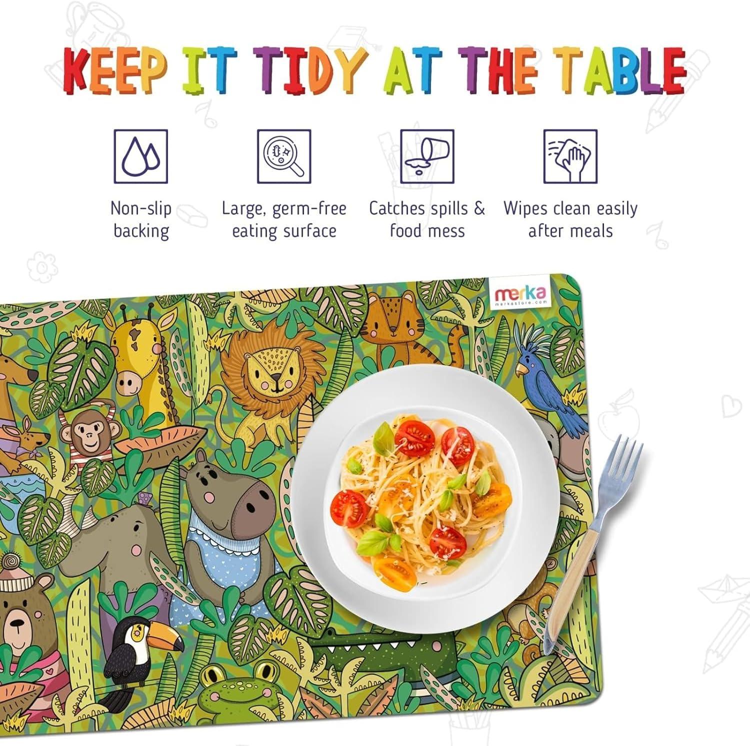 imagemerka Kids Placemats 17 x 11 in Multicolor Set of 4 Washable Plastic Dining Table Placemats Reusable amp Wipeable Ocean Space Jungle amp Unicorn Themes Ages 2