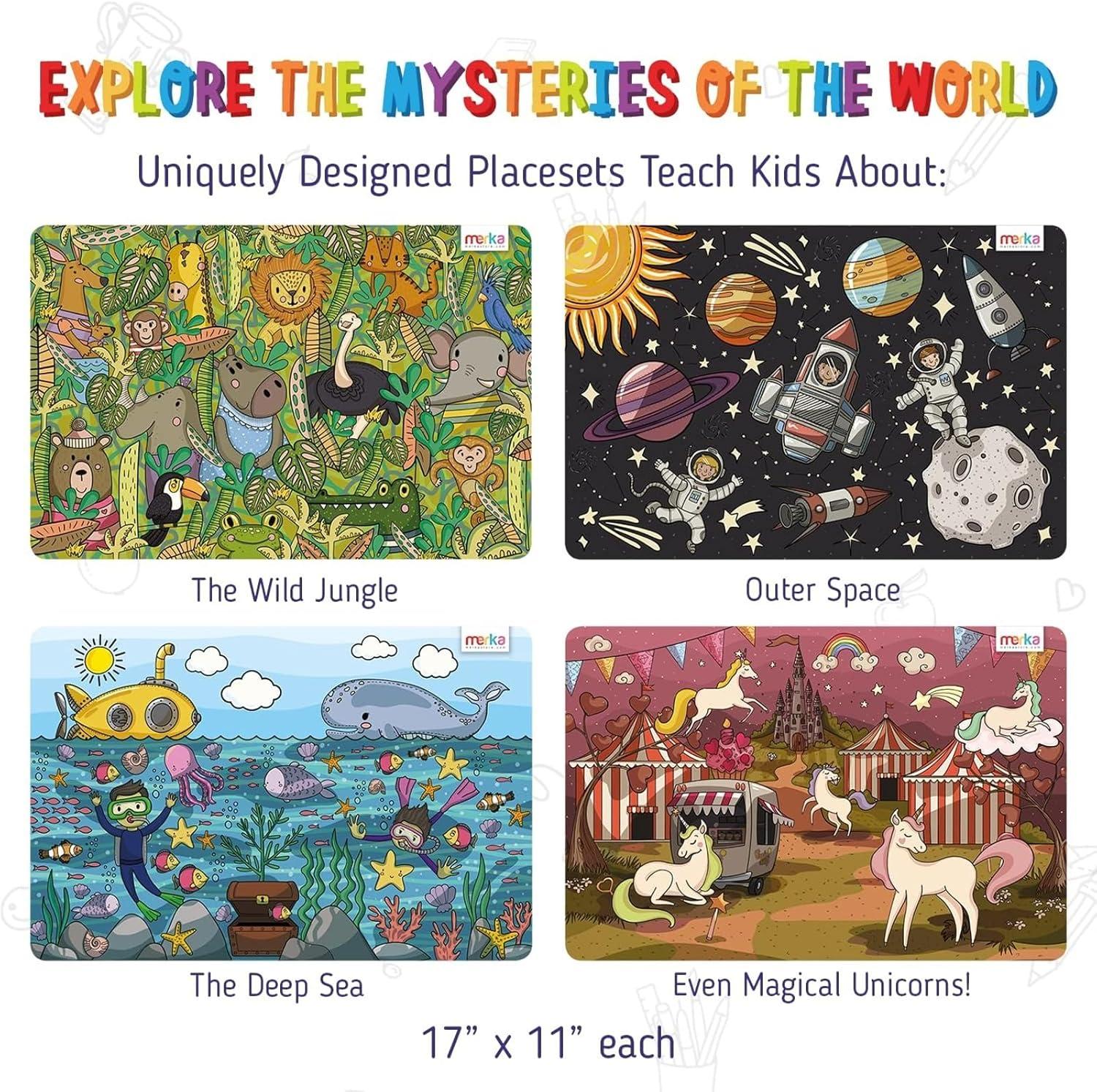 imagemerka Kids Placemats 17 x 11 in Multicolor Set of 4 Washable Plastic Dining Table Placemats Reusable amp Wipeable Ocean Space Jungle amp Unicorn Themes Ages 2