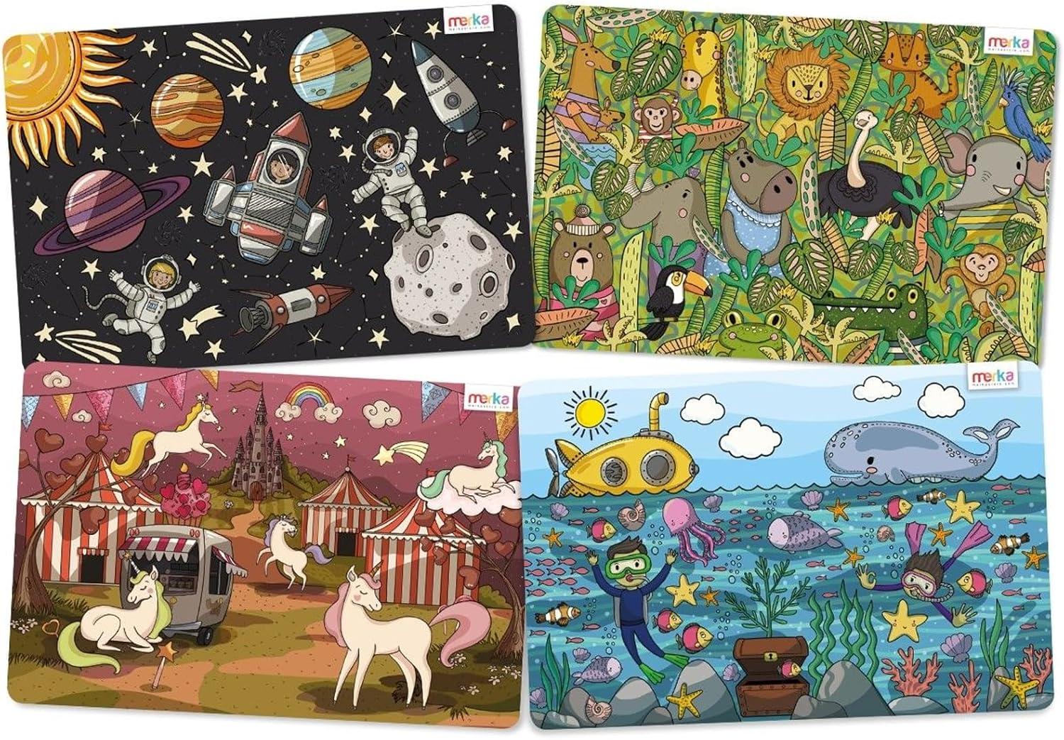 imagemerka Kids Placemats 17 x 11 in Multicolor Set of 4 Washable Plastic Dining Table Placemats Reusable amp Wipeable Ocean Space Jungle amp Unicorn Themes Ages 2