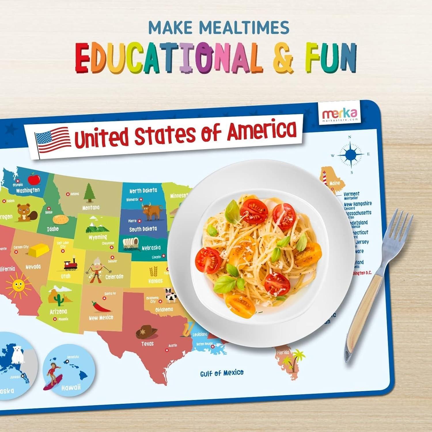 imagemerka United States Map Placemat 17 x 11 in Laminated Multicolor Reusable Kids Dining Mat with Secure Backing amp State Capitals Map17 inches x 11 inches Pack of 2