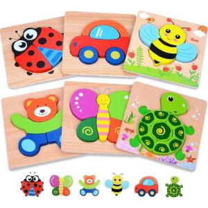 Magifire Wooden Puzzles, Set of 6 Puzzle Toys for Kids Toddlers 1–3, Baby Educational Animal Toys with Chunky Pieces & Bag for Easter – Ladybug, Car, Bee, Bear, Butterfly, Turtle