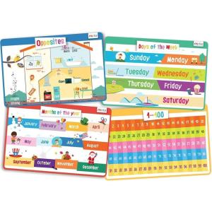 Merka 4 Pack Educational Placemat for Kids & Toddlers, Reusable, Washable Mat with Secure Grip Back for Dining Table, Learning Letters, Numbers, Shapes, Colors,17 x 11 inches(Opposites  Days  Months  Numbers)