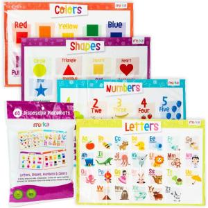 Merka Disposable Placemats for Baby & Toddler – 12 x 18 in, 40-Pack Multicolor – Peel & Stick Adhesive – Sticky Placemats for Toddlers – Educational Numbers, Letters & Shapes(60 Pack)