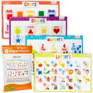 Merka Disposable Placemats for Baby & Toddler – 12 x 18 in, 40-Pack Multicolor – Peel & Stick Adhesive – Sticky Placemats for Toddlers – Educational Numbers, Letters & Shapes(40 Pack)