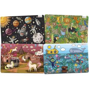 merka Kids Placemats – 17 x 11 in, Multicolor, Set of 4 – Washable Plastic Dining Table Placemats – Reusable & Wipeable Ocean, Space, Jungle & Unicorn Themes – Ages 2+